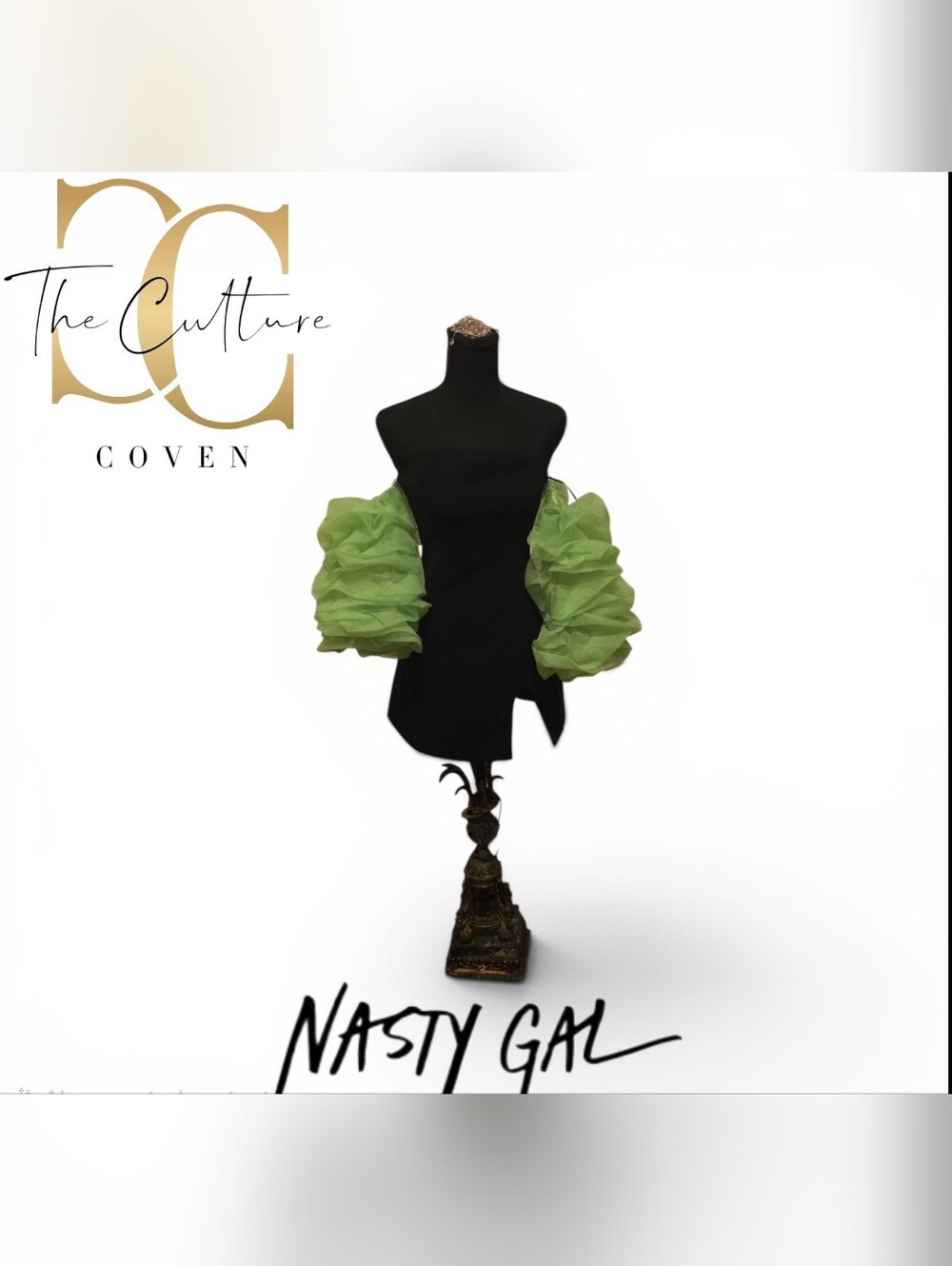 Nasty Gal Black Mini Dress with Lime Green Puff Sleeves